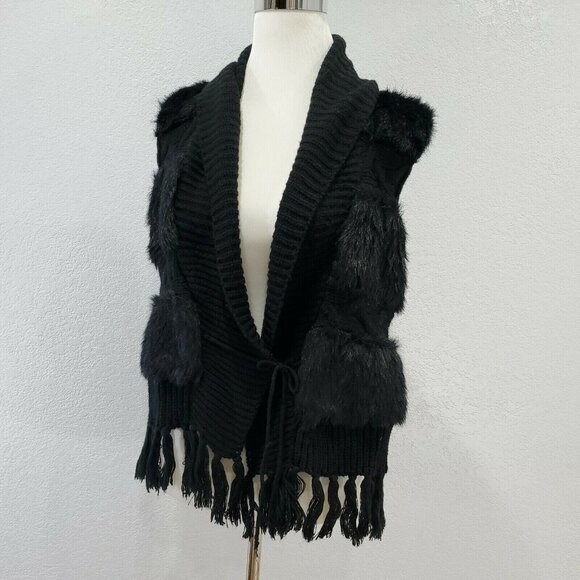 love lola Sweater Womans L Sleeveless Vest Knitted Faux Fur Fringed Black Front - Picture 3 of 12
